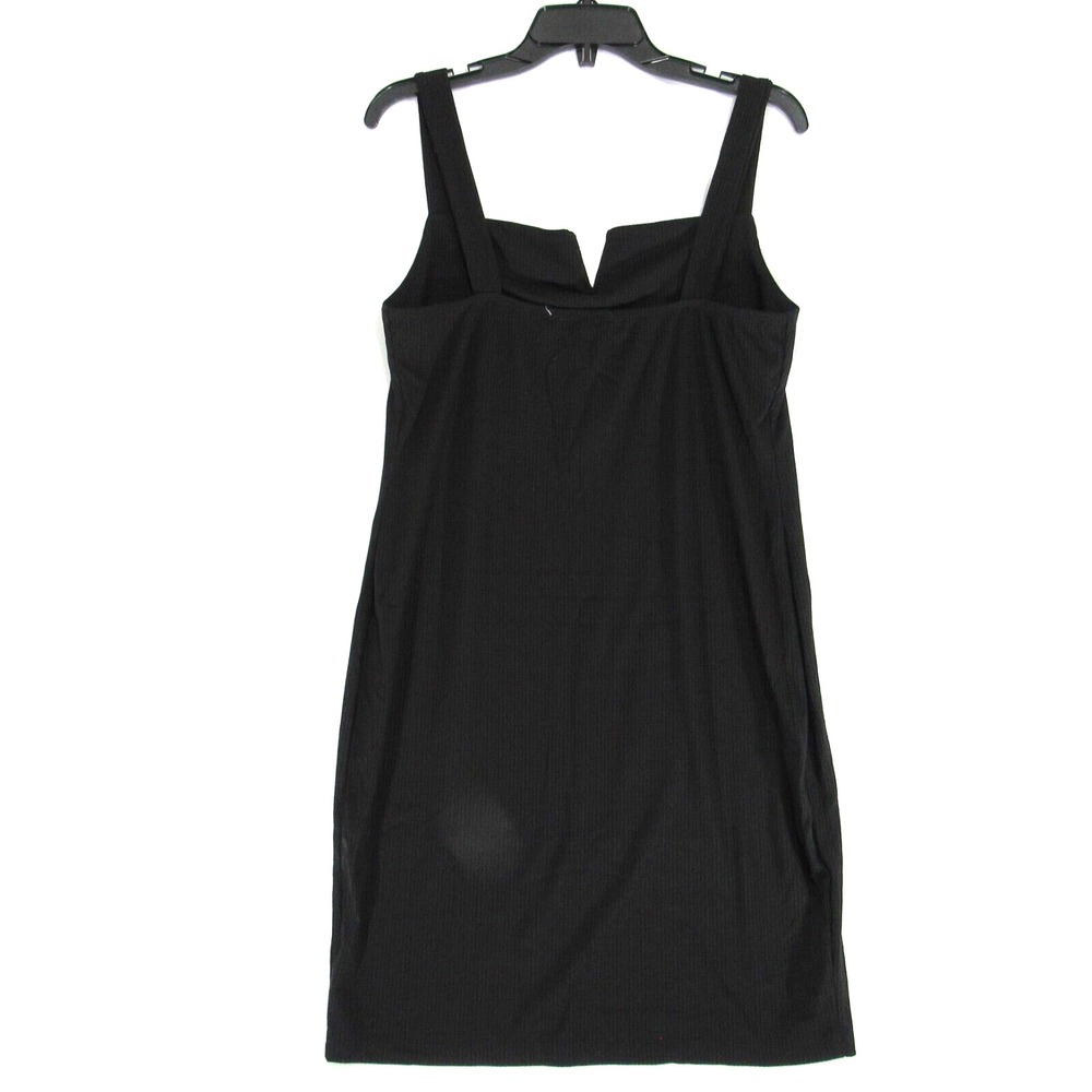 Good Luck Gem Black Ribbed Knit Bodycon Square Neck V Slit Dress Women's Size L - Picture 2 of 10